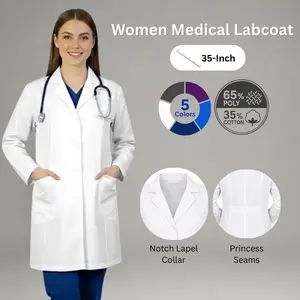 HeedFit Women's Premium White Lab Coat, 35in Poly-Cotton Uniforms Clothes with Notch Lapel, Long Sleeves, Pockets, Buttons, Lightweight Professional Medical Workwear