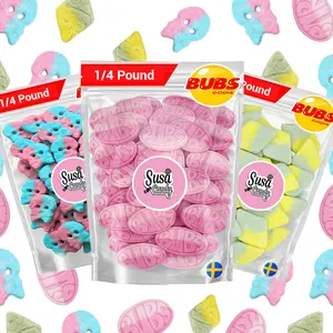 Bubs Swedish Candy 1/4 Pound Bag Sweet Strawberry Pomegranate Foam Ovals & Sour Dizzy Skuand Tutti Frutti Bundle 3 (pack) Vegan Gluten-Free Soft Bubblegum Flavored Bon Bon