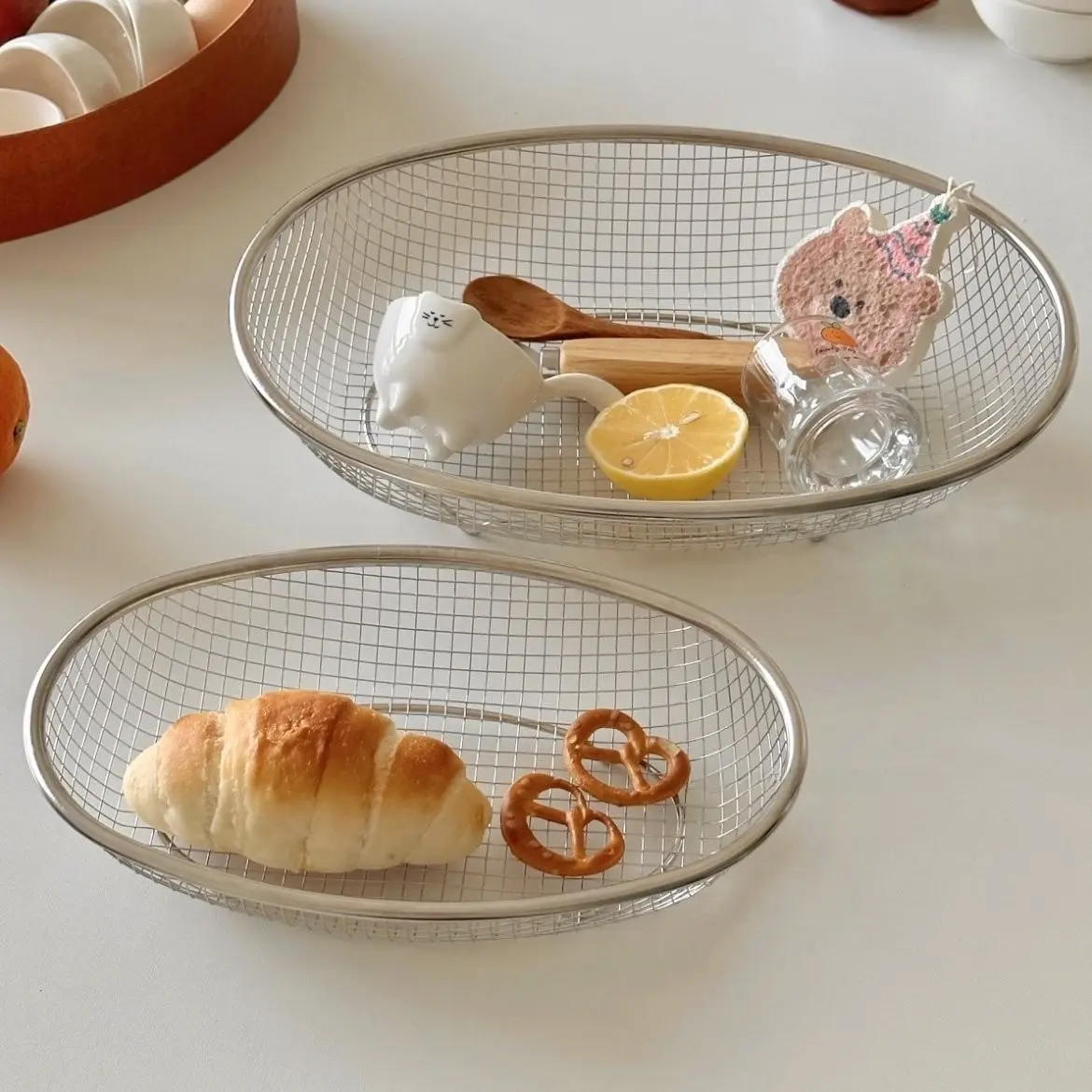Stainless Steel Elliptical Basket, Fruit Bowl, Snack Tray, Storage Basket, Durable Mesh Design, Versatile Use for Home & Office