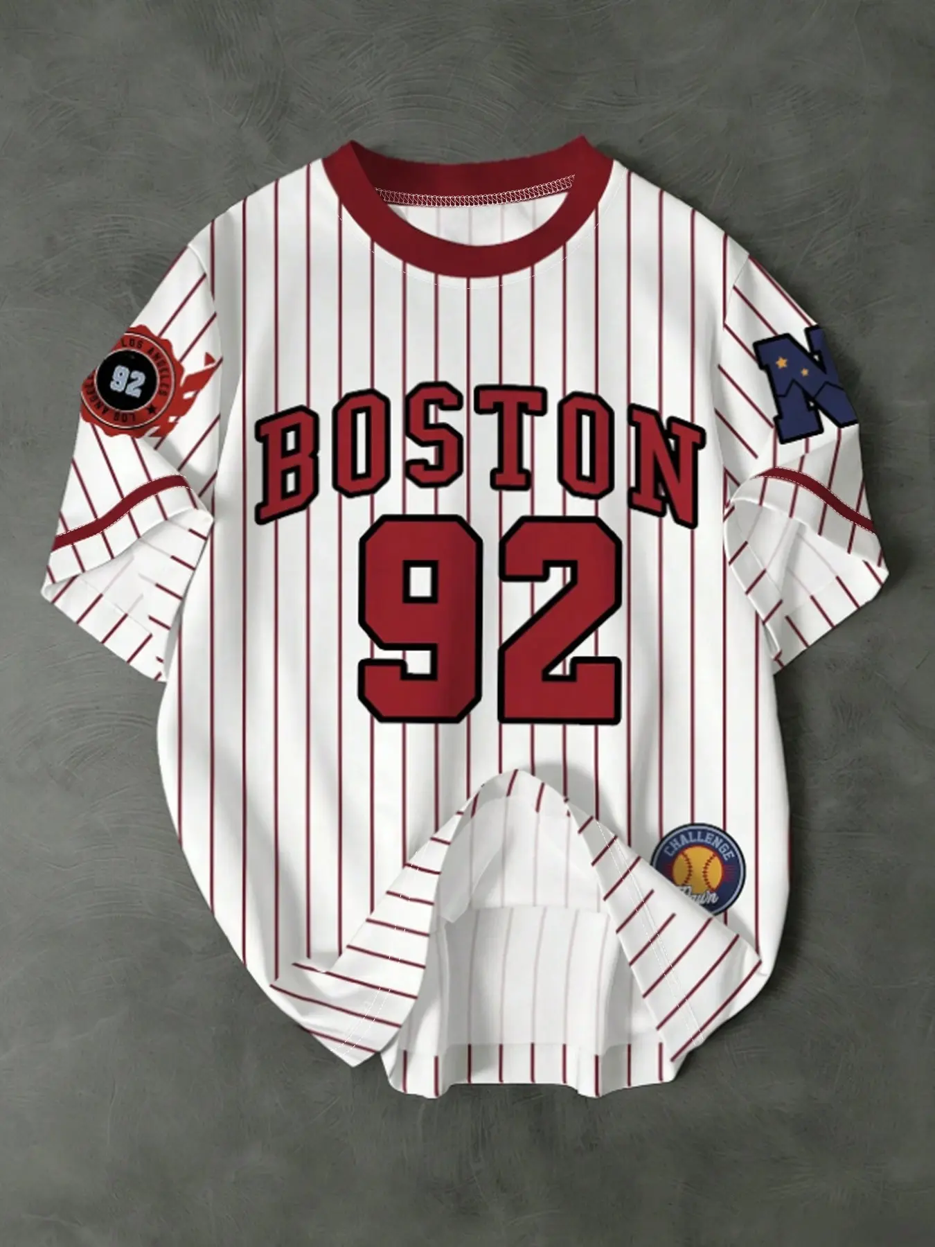 Boston Casual Baseball Jersey, Casual Sporty Top, Retro striped short-sleeve T-shirt, loose fit, printed with number 92, perfect for street style and sporty looks, Sports Jersey Tee, Sportswear Clothing #BaseballJersey #BostonStyle #StreetFashion