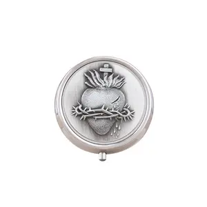 Catholic Jesus Sacred Heart Relic Box, 2 Inch Silver Color Communion Bread Box, Three Compartment Portable Medicine Box, Religious Gift for Catholics