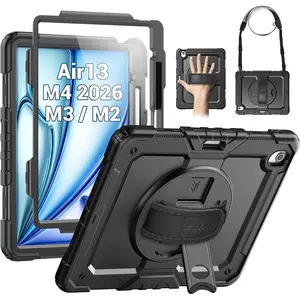 for iPad Air 13 Inch Case M4 / M3 / M2 (2026/2025 / 2024), Heavy Duty Shockproof Protective Case with Screen Protector, 360? Rotating Stand, Hand/ Strap and Pen Holder, Black