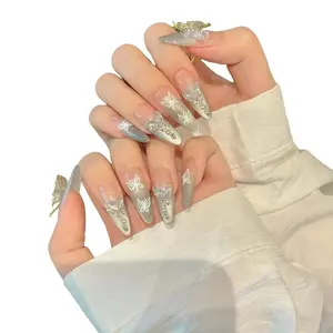 Nail Apparel Hand Made Long Ballet Press on Nails Luxury UV Finish 10 Pcs Set with Rhinestone Pearls Medium Pack of 10 Non Toxic Acrylic Fakes Length