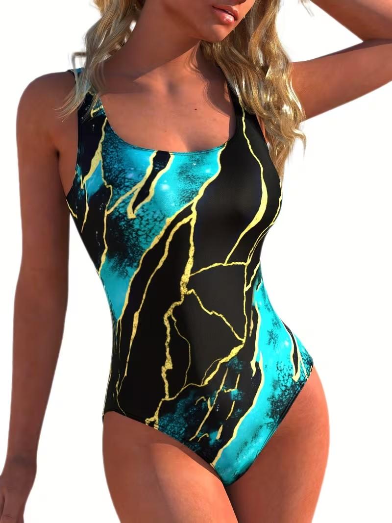 1pc New Style Seaside Pool Outdoor Leisure Water Sports Round Neck Backless Slim-Fit Women's Competition 1pc Swimsuit with Vintage Black and Golden Print