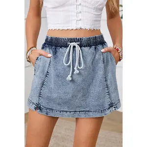 Dusk Blue Drawstring High Waist Pocketed Denim Shorts