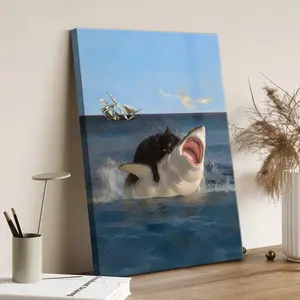 Funny Fat Cat vs Shark Poster – Renaissance Wall Art, Quirky Black Cat Print, Nautical Animal Decor for Bedroom Living Room,Vertical printing