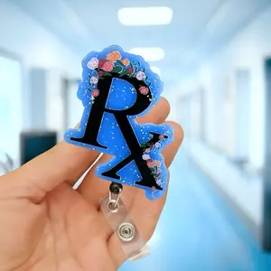 Pharmacy Tech Badge Reel with ID Holder Clip - Blue Design with Floral Pattern and RX Symbol