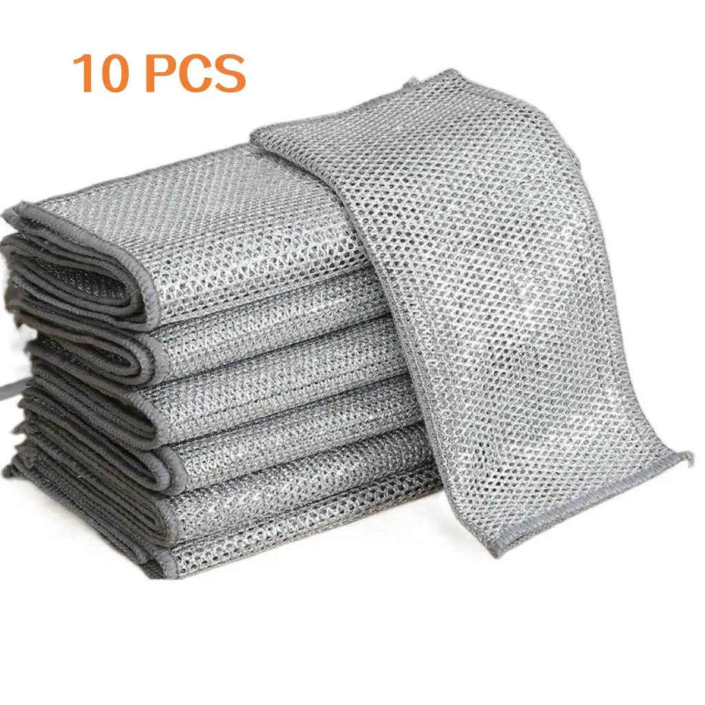 10 Counts Multipurpose Wire Dishwashing Rag, Double Layer Multipurpose Fiber Cleaning Cloth, Wire Miracle Cleaning Cloths Metallic Dish Cloths for for Wet and Dry Washing ,non-scratch steel wool Super Absorbent