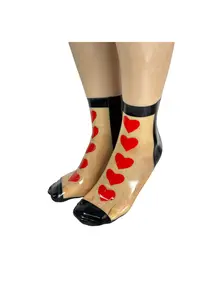 Transparent Black Love Women's Long Socks - Premium Latex Soft Shiny & Pliable Over-Knee Length Red Heart Design Handmade Bows Versatile Styling - Fit Womenswear Elegant Outfit