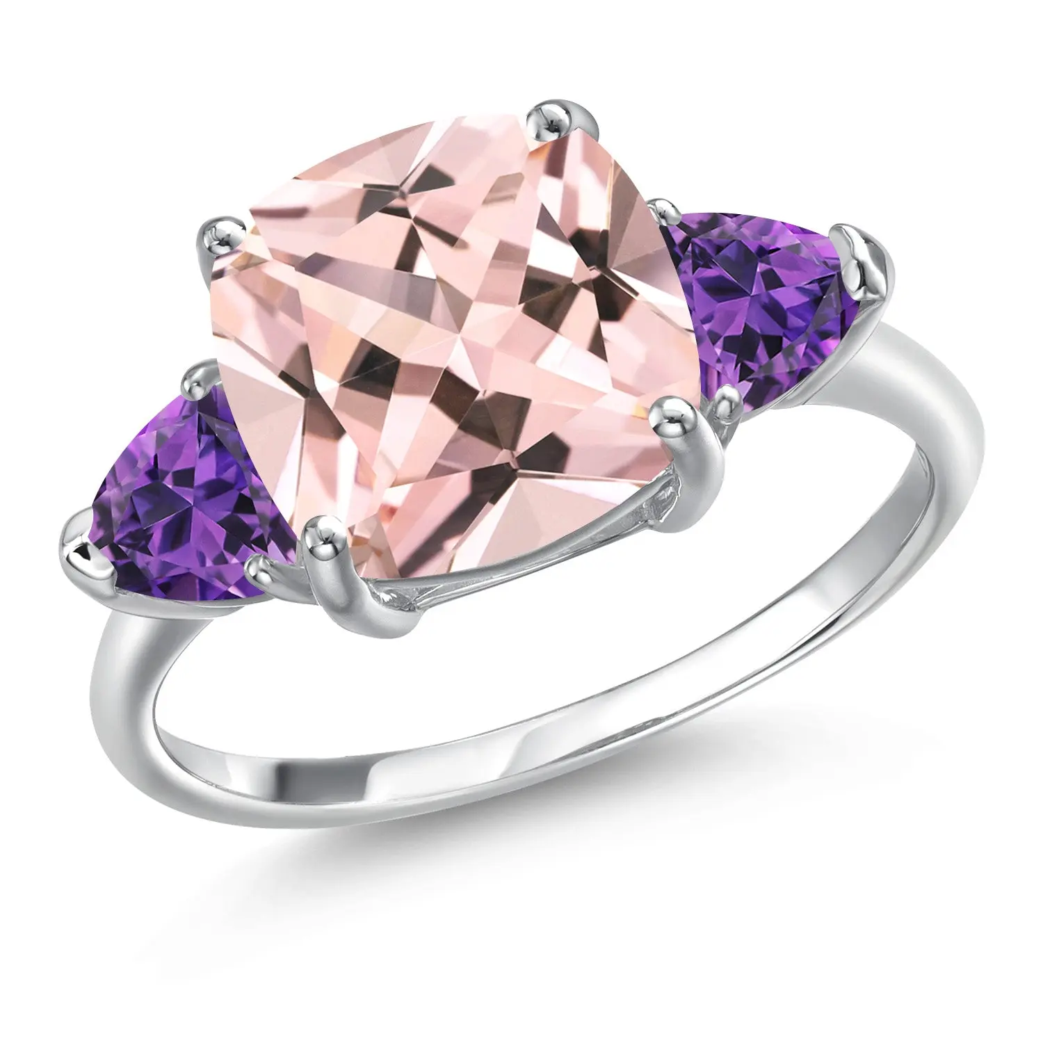 10K White Gold Peach Nano Morganite and Purple Amethyst 3-Stone Engagement Ring For Women | 5.12 Cttw | Cushion 10MM | Three Stone Wedding Anniversary Promise Ring For Women
