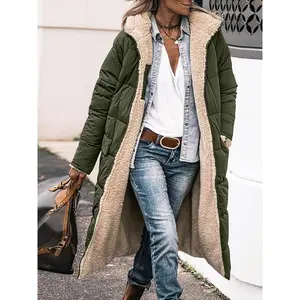 Knee-Length Polyester Long Padded Jacket Coat - Elegant Solid Color Fleece Lined Winter Warmth Outerwear with Zipper Detail Fabric Puffer Womenswear Sleeve Tops