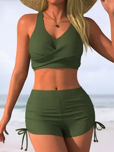 Women's Two-Piece Swimsuit Set, High-Waisted Drawstring Briefs & Cross-Back Bikini Top, Casual Fitted Swimwear for All Seasons, Criss Cross Swimsuit