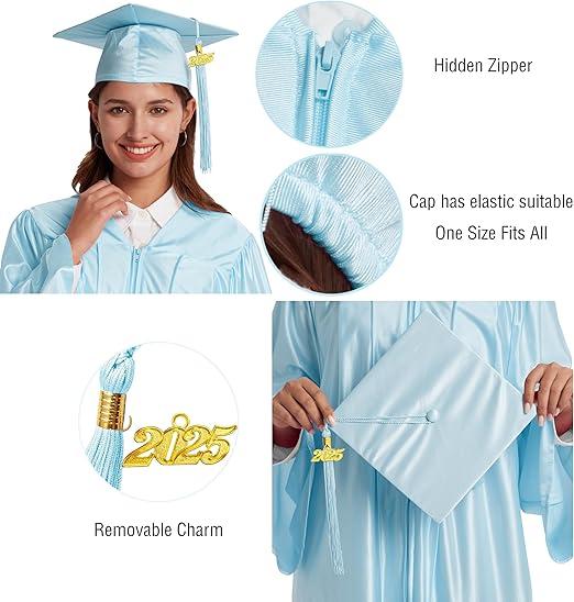 Shiny Sky Blue Adult Grad Cap, Gown & Tassel Set – For High School & Bachelor Graduates | Ideal for Graduation Day