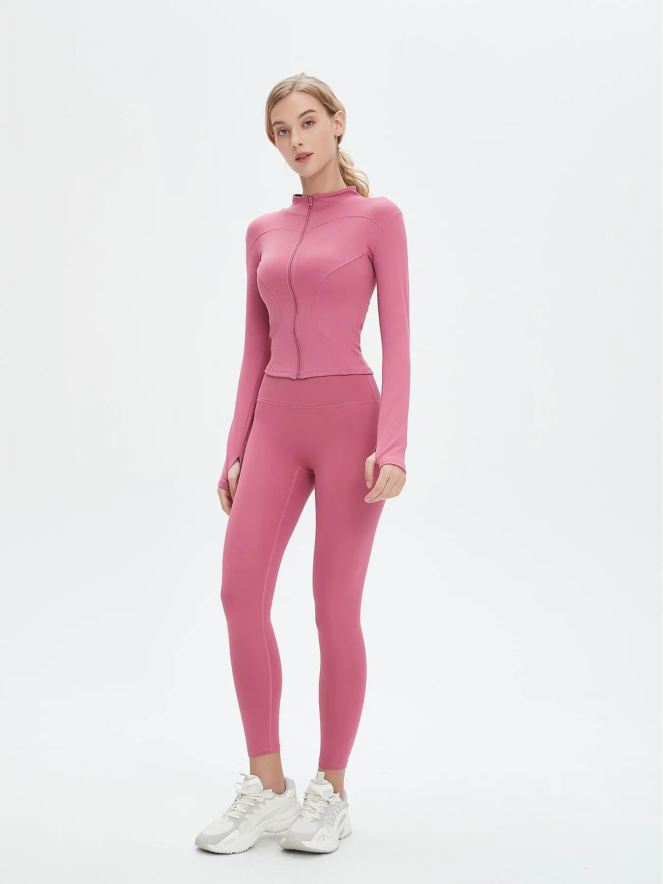 Women's Zip Up Thumb Hole Design Jacket & High Waist Yoga Leggings Sports Clothing Set, Athletic Sporty Style Breathable Comfy Outfits for Yoga Gym Wo