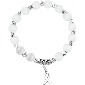 Lung Cancer Awareness Ribbon White Beads Bracelet Lung Cancer Awareness  For Her