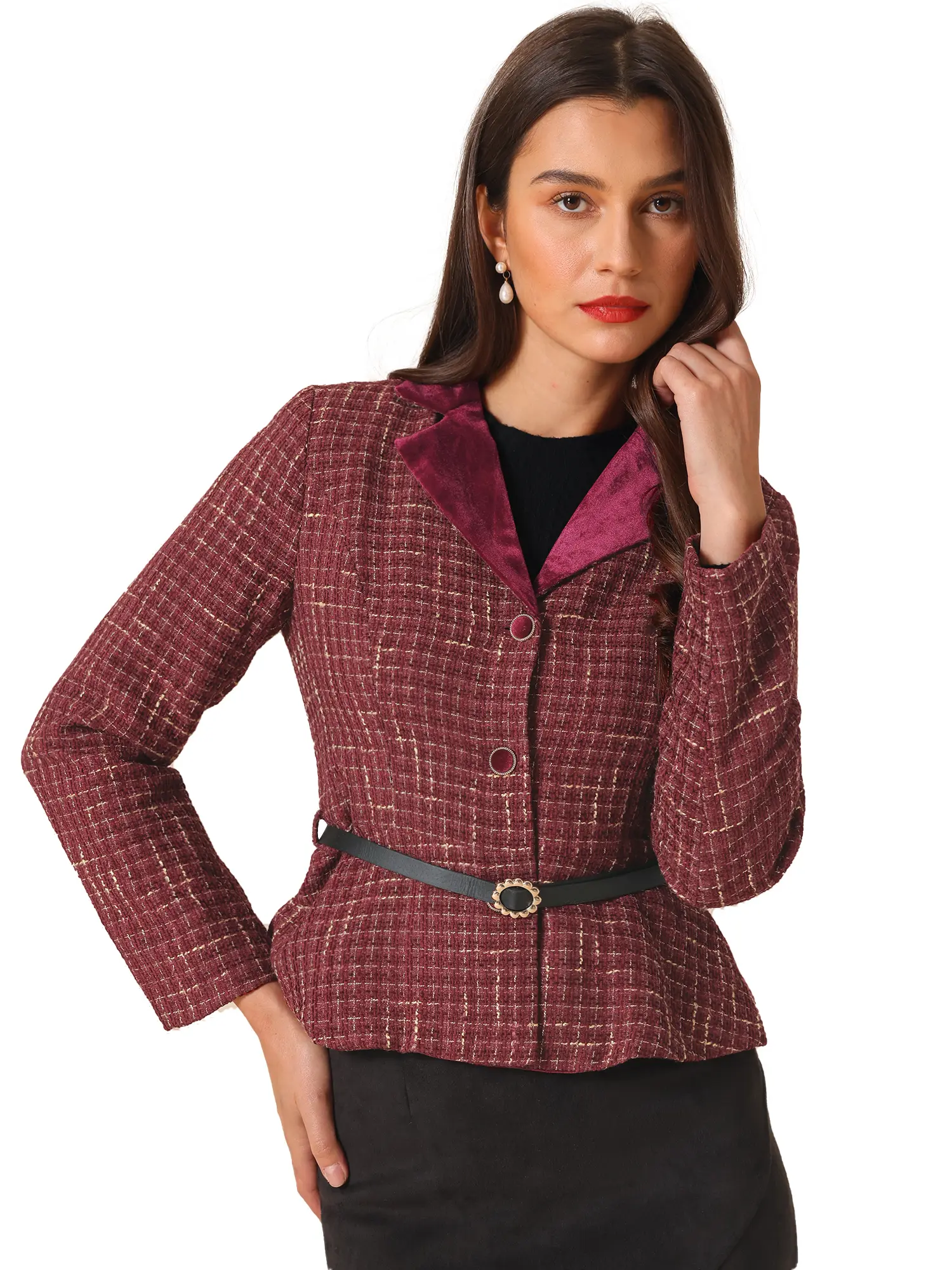 INSPIRE CHIC Tweed Jacket Women's Lapel Collar Single Breasted Belted Vintage Peplum Blazer