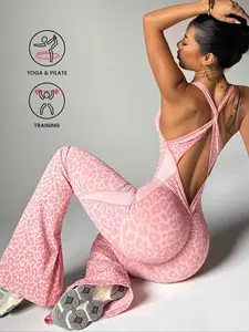 Women's Seamless Leopard Print Tank Jumpsuit, Back Cross Buckle High Waist Butt Lifting Jumpsuit, Ideal for Running Outdoor Yoga Workout, Sportswear