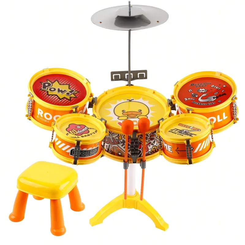 5-Drum Jazz Drum Set Toy with Cymbal & Stool, Musical Percussion Instrument Playset with Drumsticks for Rhythm Learning & Floor Play