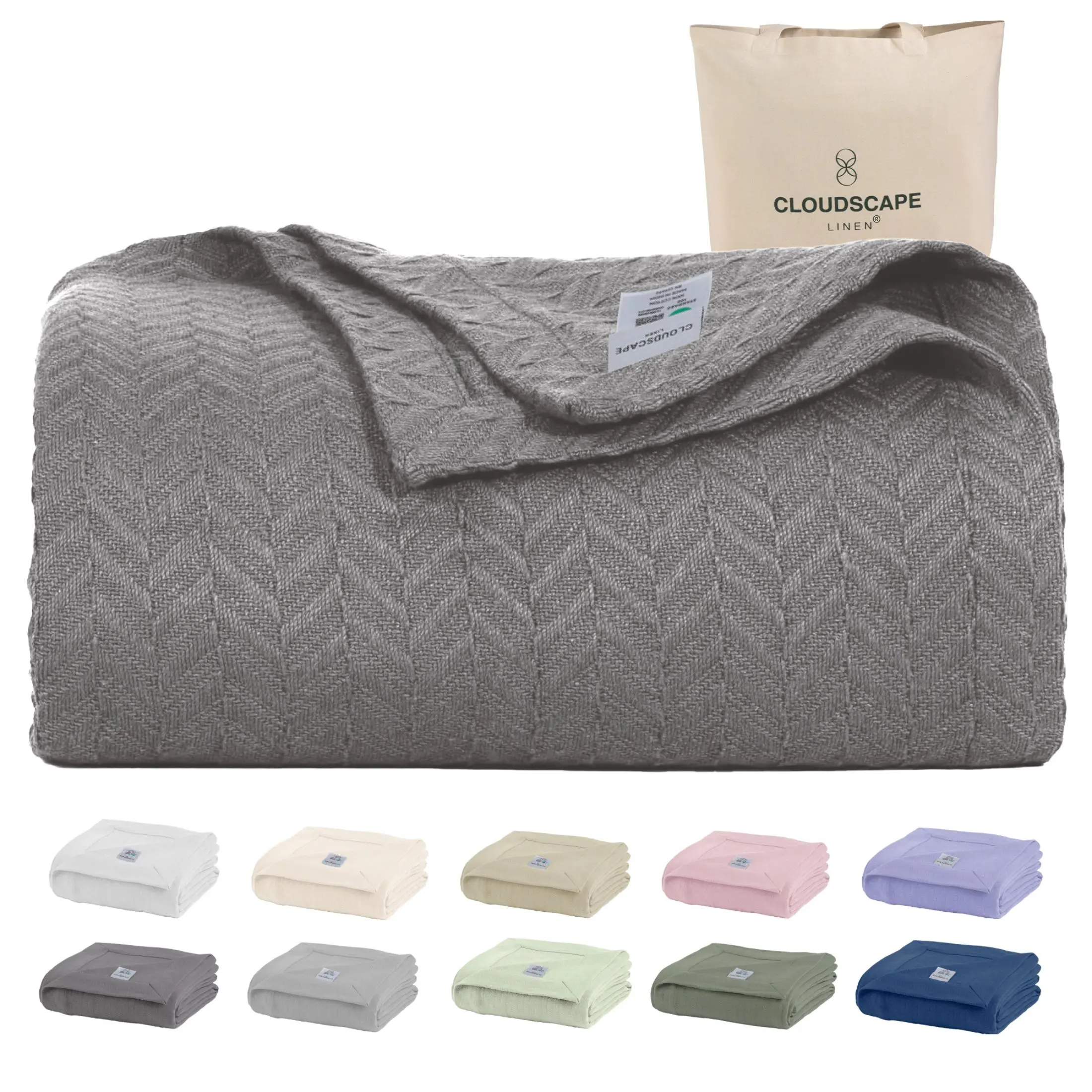 CLOUDSCAPE LINEN Modern 100% Cotton Oversized Herringbone Blanket for Adults - All Seasons Bedding, Full Bed Cover, Breathable Heavy-Weight, Machine Washable Option for Hot Sleepers