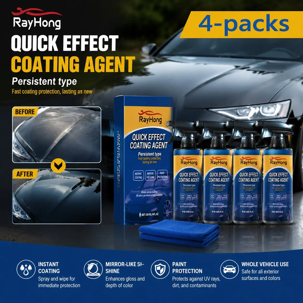Rayhong Car Coating Spray, 4-Pack Automotive Care Refinish Repair Waxing Sealant Liquid, Automotive Coating Agent, Car Paint Protection & Renewal Solution