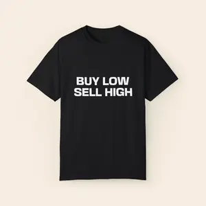 Funny Crypto T-Shirt, Buy High Sell Low Tee, Hilarious Menswear Tshirts, cryptobro fashion.