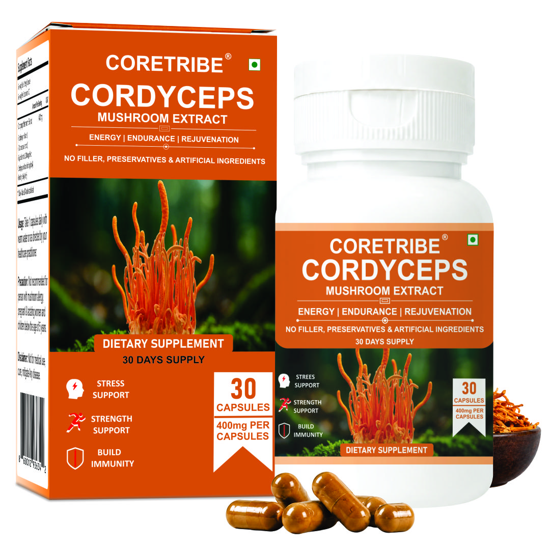CORETRIBE Cordyceps Militaris Mushroom Extract Capsules, Vegan Non-GMO Vitamin Supplement for Strength & Focus Support, 30-Count Easy-Use Superfood for Health & Wellness, Cordyceps Mushroom, Capsule Format, Easy Use