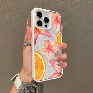 Adorable Magnetic Case for iPhone11/12/13/14/15/16/promax Flowers and orange slices MagSafe Compatible, Lightweight, Anti-Fall | Girly & Chic Style
