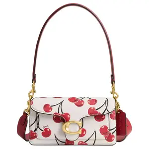 COACH Tabby 20 Leather Handbag with Metal Logo and Cherry Print – Small Crossbody Shoulder Bag for Women in White and Red