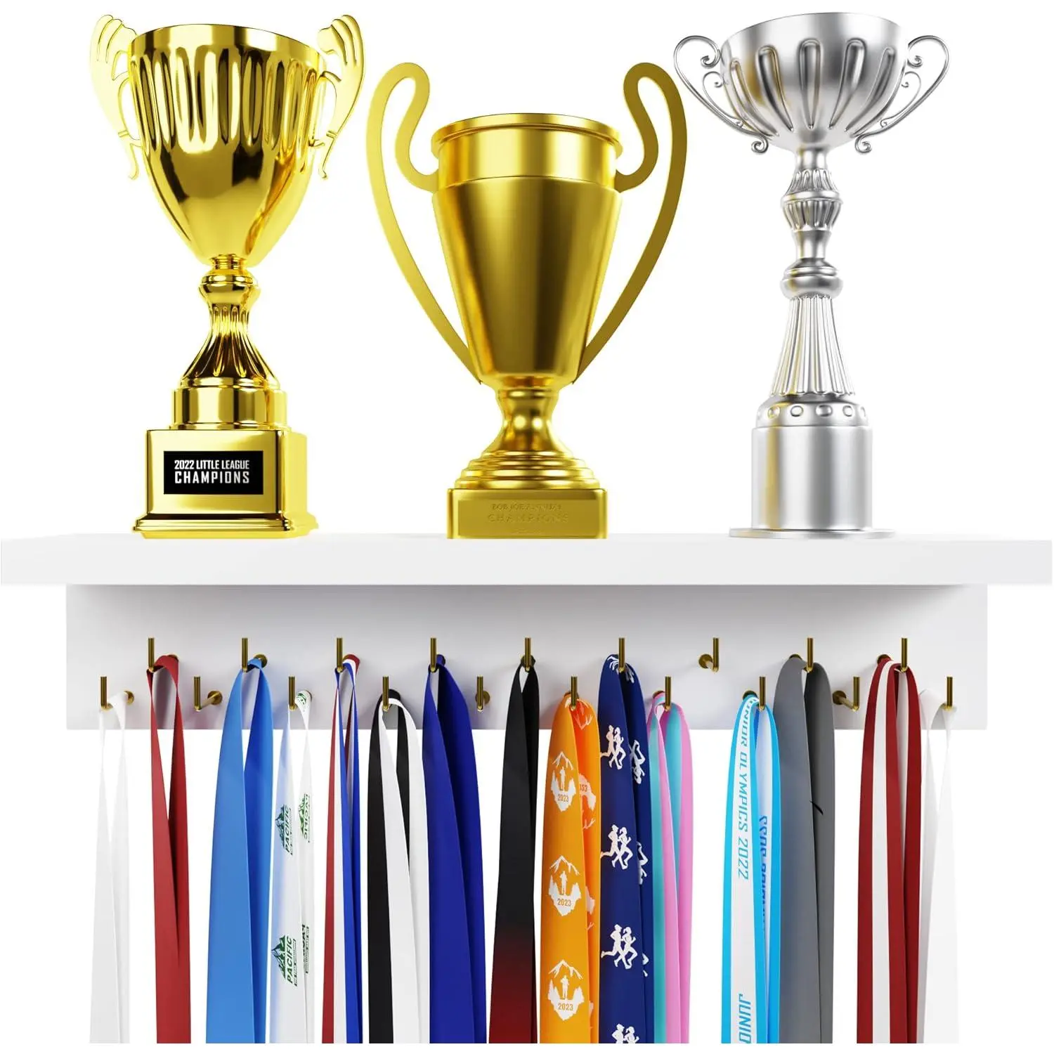 Medal Hanger Display and Trophy Shelf with Hooks - Wooden Medal Holder for Wall Mount Ribbon Display, Trophy Display Shelf for Gymnastics, Soccer, Running Race Medals Awards Rack