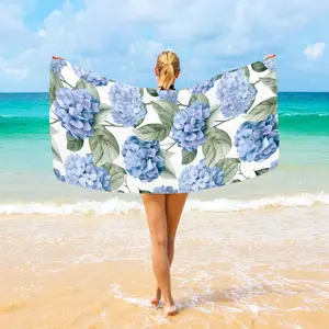 Beach Towel 31"x71" Watercolor Blue Hydrangea Flowers Camping Towels Microfiber Beach Towels Sand Free Quick Dry Lightweight Travel Towels for Adults Women Men Girls