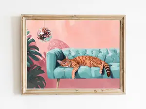 Tabby Cat Disco Ball Art Print, Orange Cat Wall Art, Cute Quirky Whimsical Art Bar Cart Decor