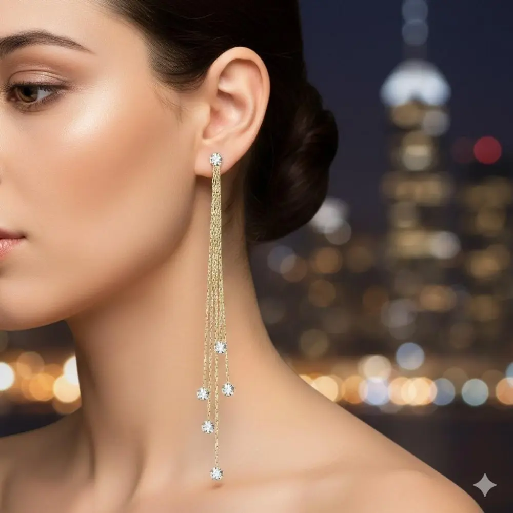 Crystal Chain Drop Earrings for Women, Adjustable Alloy Clip-On Ear Cuffs Hypoallergenic Daily Jewelry, Versatile Dangle Ear Accessories Fashion Gift Idea