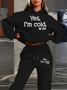 Hooded Sweatshirt Set, Fall & Winter Warm Clothing, Funny Text Print, Trendy Casual Style, Loose Fit, Daily Wear, Knit Clothing Sets