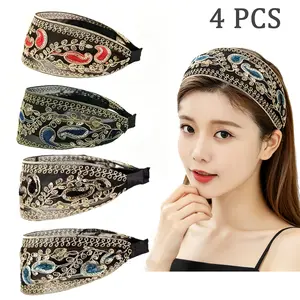 Women's 4-Pack Vintage Lace Embroidered Paisley Headbands, Anti-Slip Elastic Wide Lace Headband, Comfortable Bohemian Turban Headwraps for Daily Wear