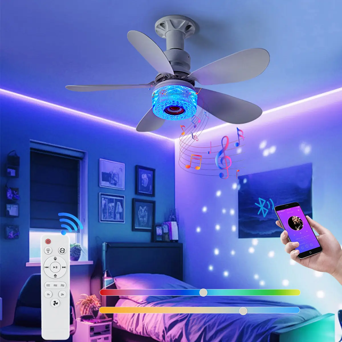 5-Blade Flower-Shaped Ceiling Fan Light with 40W Bluetooth Speaker, RGB & 3CCT Dimmable LED, 3-Speed DC Motor, Wide Voltage (85V-265V)