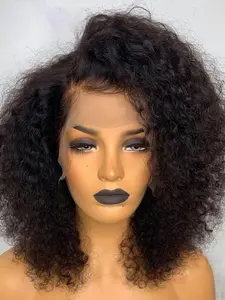 Soft Long 16 Inch 180 Density Kinky Curly Hair Short Bob Lace Front Wig, Glueless Pre-Plucked Heat Resistant Daily Wear Wig All Seasons