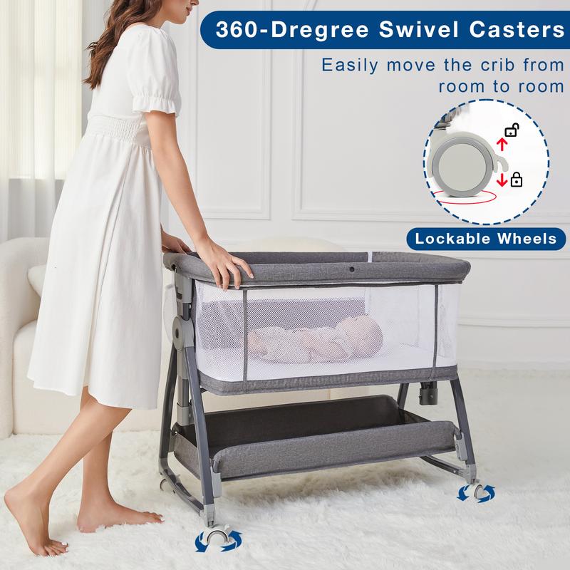 3 in 1 Kids Bassinet Bedside Sleeper, Bedside Bassinet for Kids, Rocking Bassinet with Wheels, Height Adjustable Bedside Crib for Newborn with Mattress, Storage Basket, Mosquito Net