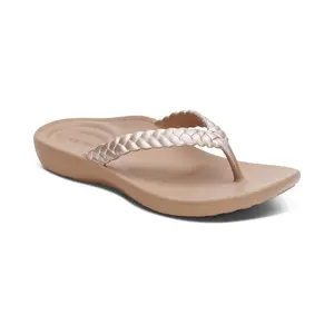 Aetrex Vicki Braided Thong Sandal - Champagne Gloss | Arch Support Sandals for Foot Pain Relief & All-Day Comfort | Lightweight Walking Flip Flops
