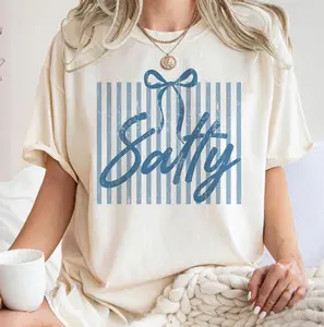 Salty Comfort Colors Shirt, Retro Blue Striped , Aesthetic Coquette Bow Shirt, Trendy Sassy Coastal, Whimsical Summer Shirt