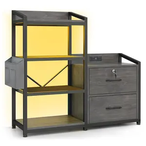 Sikaic 35.4 Inches LED File Cabinet Grey Bookshelf Home Office Furniture Engineered Wood Industrial Style Remote Control Storage Space