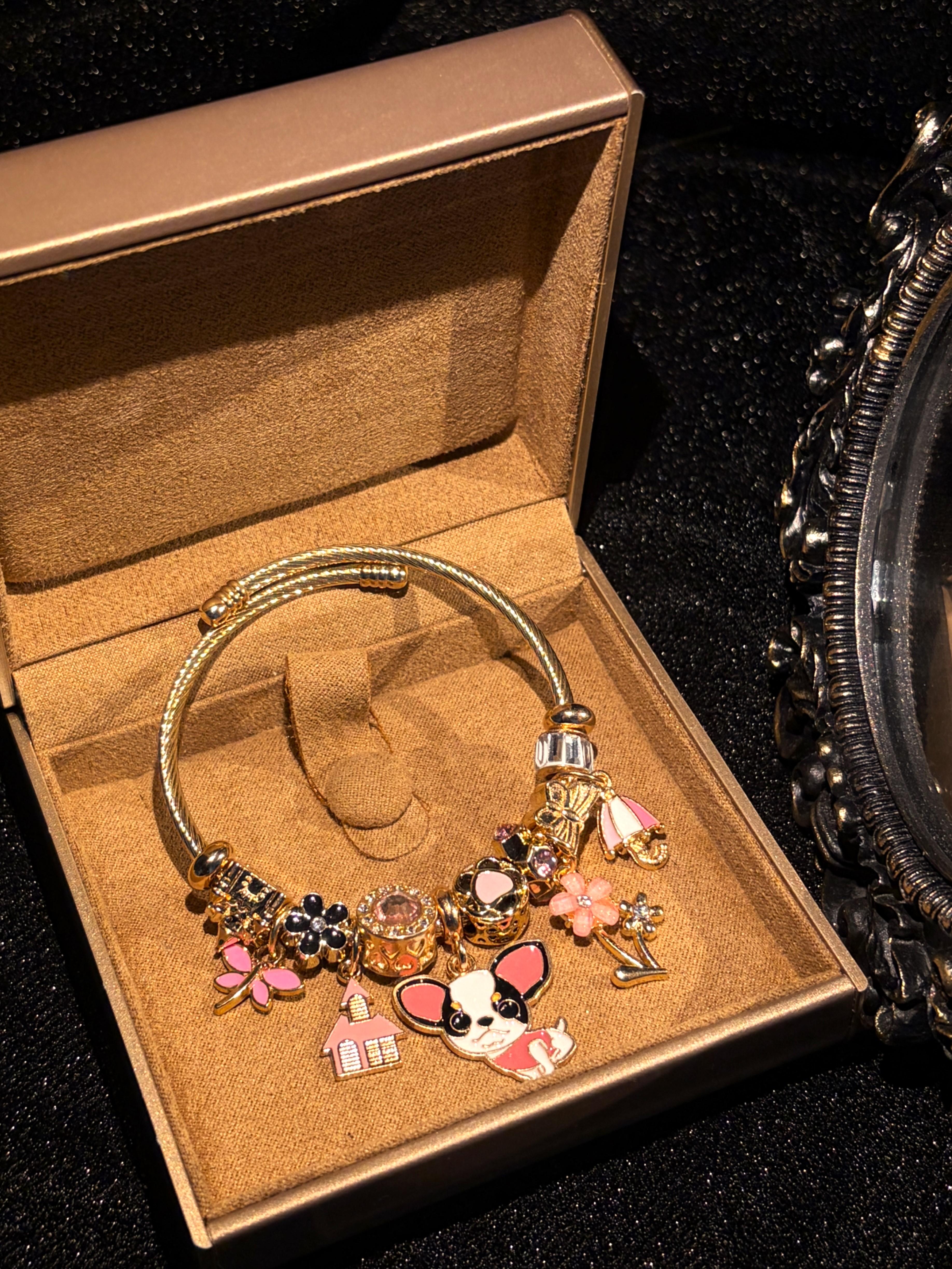 Cute Chihuahua Themed Open Cuff Bangle - Multi-Charm, House & Flower Accented, Skirt Beaded, Stackable Fashion Jewelry Gift for Pet Lovers Cute Chihuahua Themed Open Cuff Bangle - Multi-Charm, House & Flower Accented, Skirt Beaded, Stackable Fashion Jewelry Gift for Pet Lovers