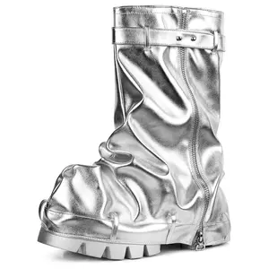 CELNEPHO Fold Over Slouchy Boots for Women Shark Boots Pleated Metallic Silver Platform Chunky Heel Stacked Pull On Mid Calf Boots for Party Outdoor Events Boots