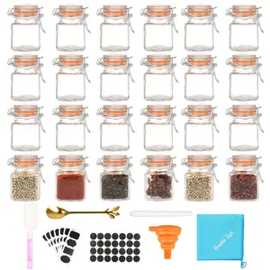 3.4 Oz Small Glass Spice Jars With Lables  24 Pack Empty Mini Square Bottles Airtight Flip Top Lids Chalkboard Labels And Collapsible Funnel For Home Kitchen