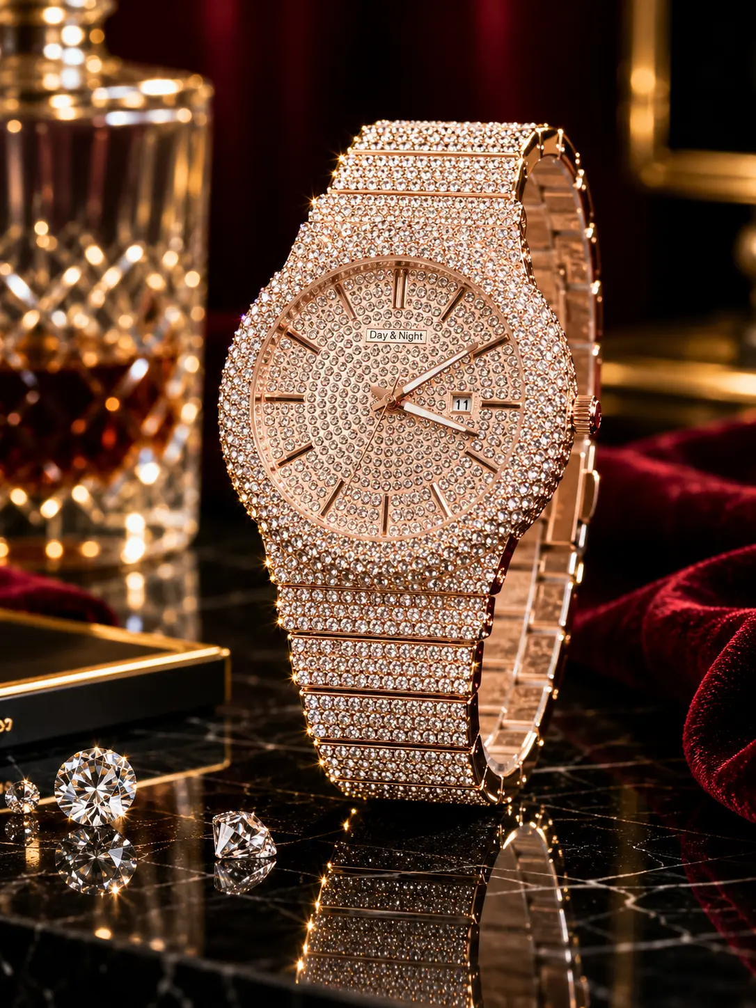 Men's Wrist Watch with Diamond-Cut Round Face, 47.2mm Rose Gold Stainless Steel, Luxury Fashion Water Resistant Quartz Timepiece