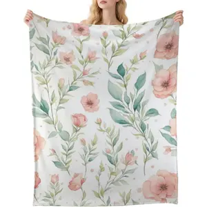 Pink Floral Decor Flannel Throw Blanket Full Size Lightweight Couch Blanket for Women Mothers Green Plant Leaves Blankets All Seasons Gifts for Bed Couch Sofa 60"x80"