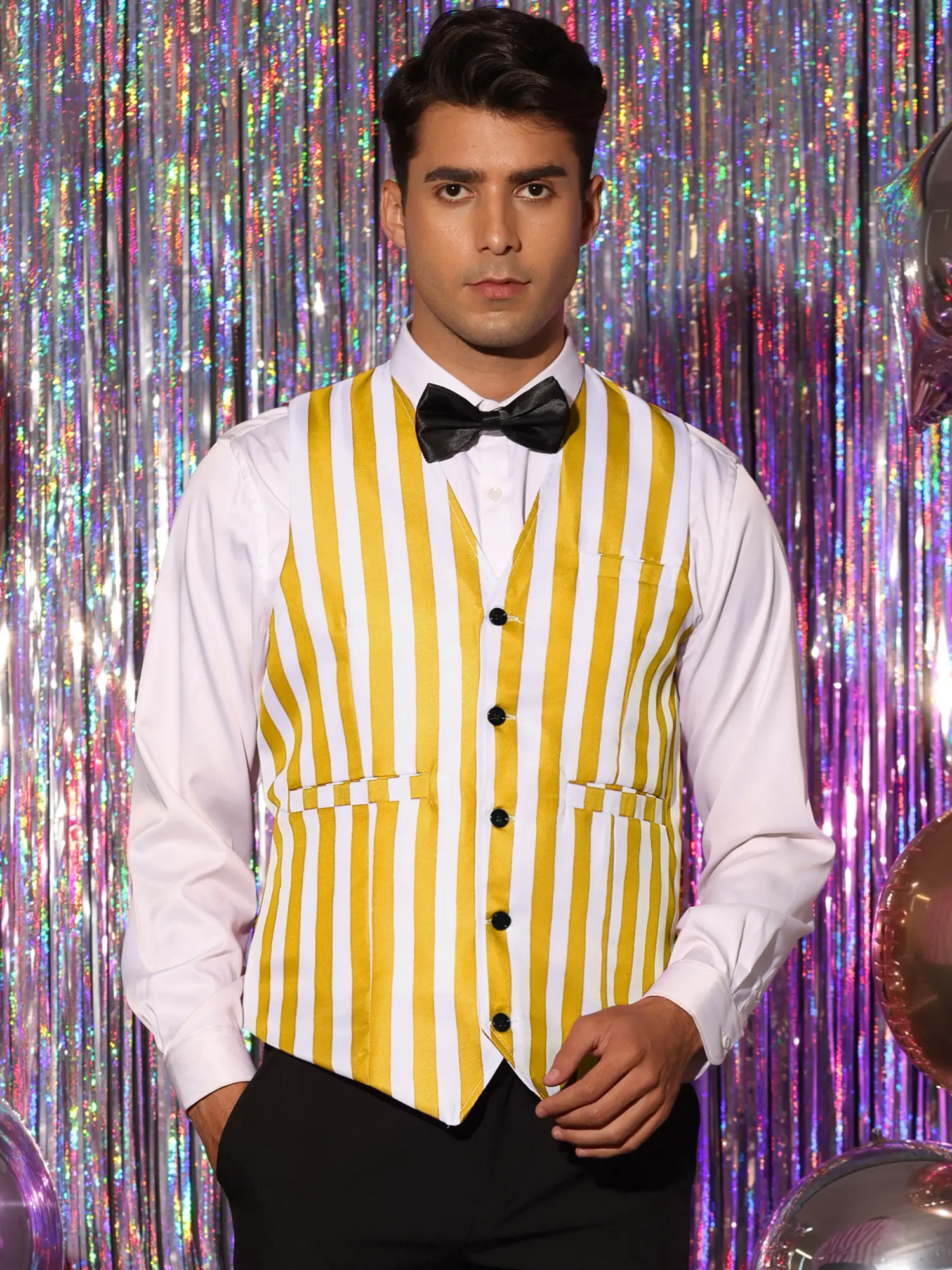 INSPIRE CHIC Suit Vest for Men's Single Breasted Sleeveless Tuxedo Vests Striped Waistcoats