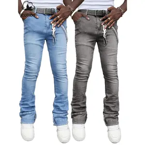 Men's High Cotton Slim Stacked Flare Jeans, Vintage Washed Stretch Skinny Bootcut Denim Pants, Streetwear Y2K Layered Cuff Stacked Jeans for Men