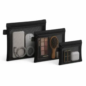 Portable Mesh Organizer Bag with Zipper, Clear Travel Cosmetic Pouch & Tech Cable Storage Case for Purse Backpack (S/M/L Available)