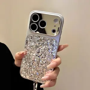 Silver Glitter Phone Case with Silver Chain Strap Compatible with iPhone 15/16/17 Series, Sweet & Cool Style Cover