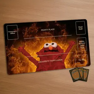Elm0 On Fire! | Funny Magic the Gathering Playmat | Stitched Edges Extra Thick